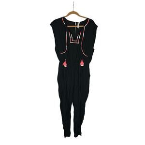 Seafolly Black V Neck Tassel Tie Viscose Silk Sleeveless Jumpsuit Size XL